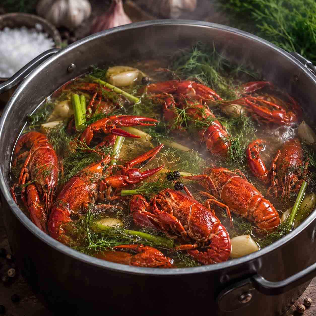 Классическая варка живых раков с укропом, чесноком и специями